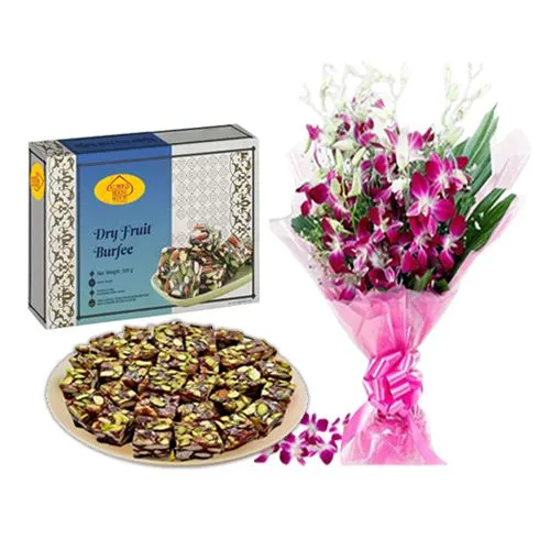 Dry Fruit Burfi from Almond House with Orchid Bouquet