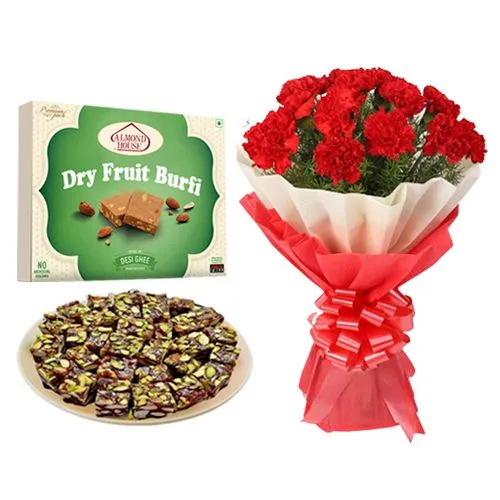 Dry Fruit Burfi from Almond House with Red Carnation Bouquet