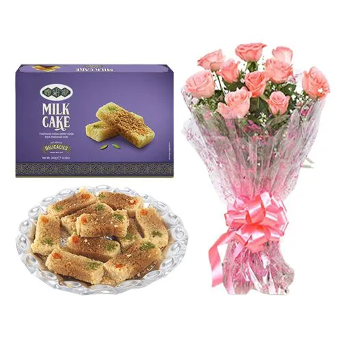 Milk Cake Box from Bombay Sweet Shop with Pink Rose Bouquet