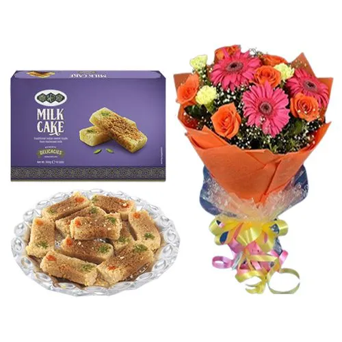 Milk Cake Box from Bombay Sweet Shop with Seasonal Flower Bouquet