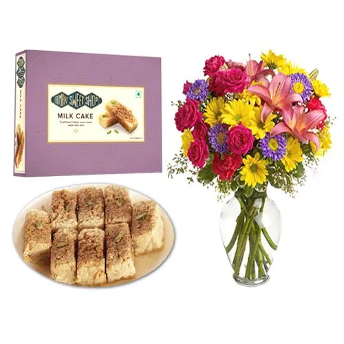 Milk Cake Box from Bombay Sweet Shop with a Mixed Flower Arrangement