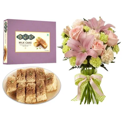 Milk Cake Box from Bombay Sweet Shop with a Flowers Bouquet