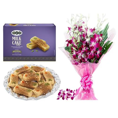 Milk Cake Box from Bombay Sweet Shop with Orchid Bouquet