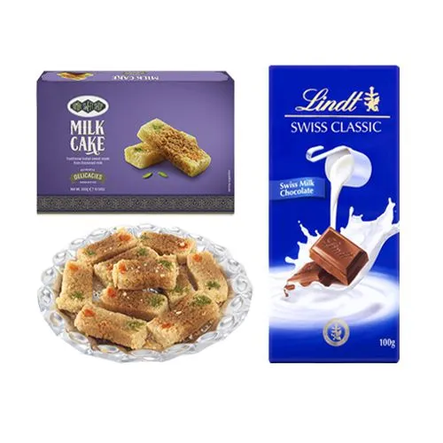 Milk Cake Box from Bombay Sweet Shop with Lindt Excellence Chocolate Bar