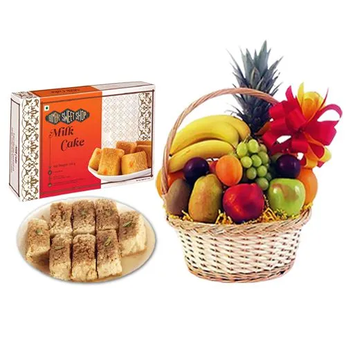 Milk Cake Box from Bombay Sweet Shop with Fresh Fruit Basket