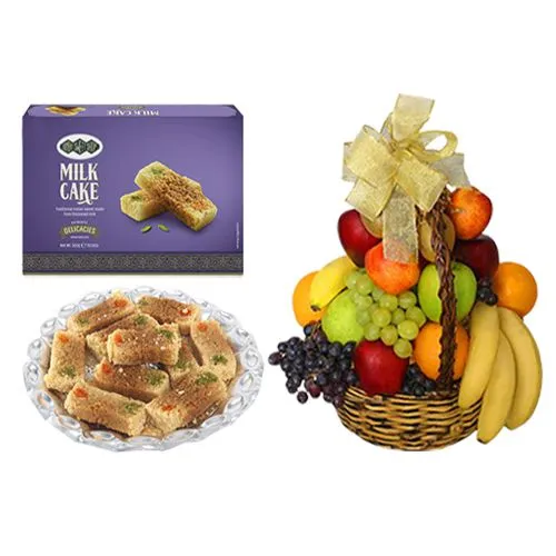 Milk Cake Box from Bombay Sweet Shop with Fresh Fruit Basket