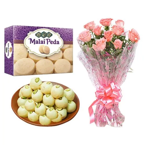 Malai Peda Box from Bombay Sweet Shop with Pink Rose Bouquet