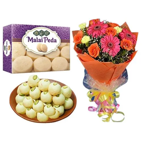 Malai Peda Box from Bombay Sweet Shop with Seasonal Flower Bouquet