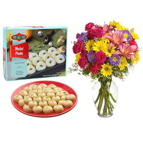 Malai Peda Box from Bombay Sweet Shop with a Mixed Flower Arrangement