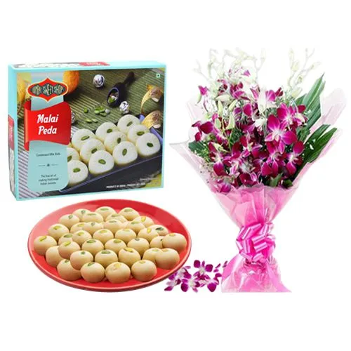 Malai Peda Box from Bombay Sweet Shop with Orchid Bouquet