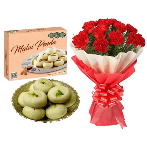 Malai Peda from Bombay Sweet Shop with Red Carnation Tissue Wrapped Bouquet
