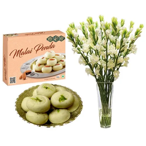Malai Peda Box from Bombay Sweet Shop with Rajnigandha Stems in Glass Vase