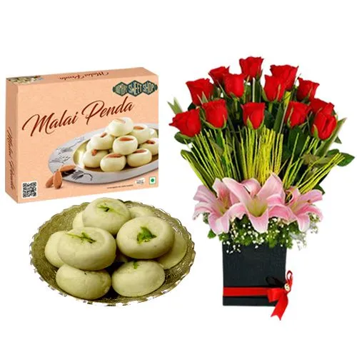 Malai Peda Box from Bombay Sweet Shop with a Designer Flower Arrangement