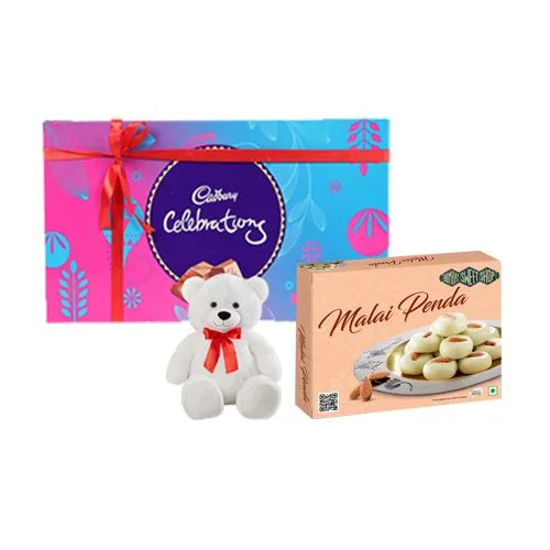 Malai Peda Box from Bombay Sweet Shop with Teddy  N  Cadbury Celebration