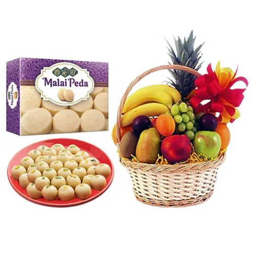 Malai Peda Box from Bombay Sweet Shop with Fresh Fruit Basket