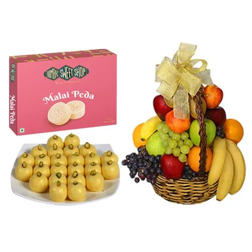 Malai Peda Box from Bombay Sweet Shop with Fresh Fruit Basket