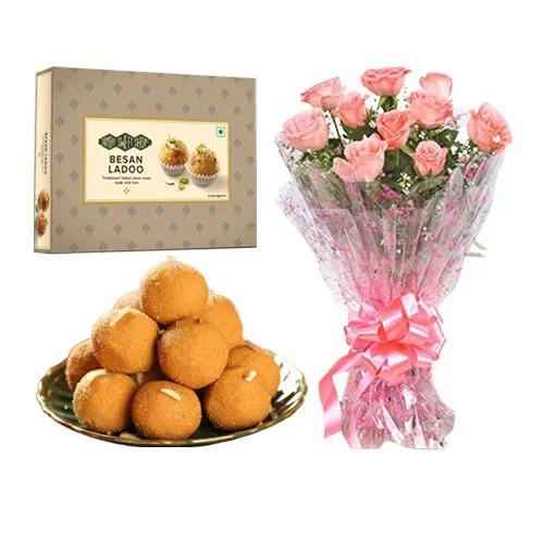 Ferrero Rocker Besan Laddu from Bombay Sweet Shop with Pink Rose Bouquet