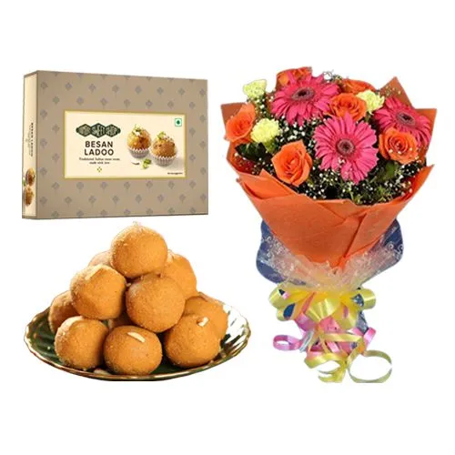 Ferrero Rocker Besan Laddu from Bombay Sweet Shop with Seasonal Flower Bouquet