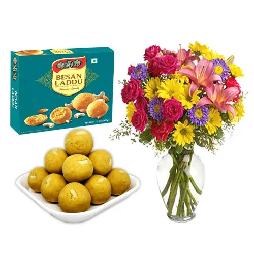 Ferrero Rocker Besan Laddu from Bombay Sweet Shop with Mixed Flower Arrangement