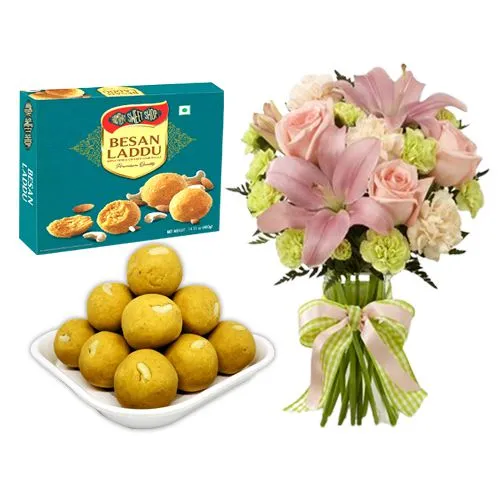 Ferrero Rocker Besan Laddu Box from Bombay Sweet Shop with Flowers Bouquet
