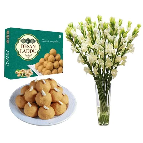 Ferrero Rocker Besan Laddu from Bombay Sweet Shop with Rajnigandha in Glass Vase