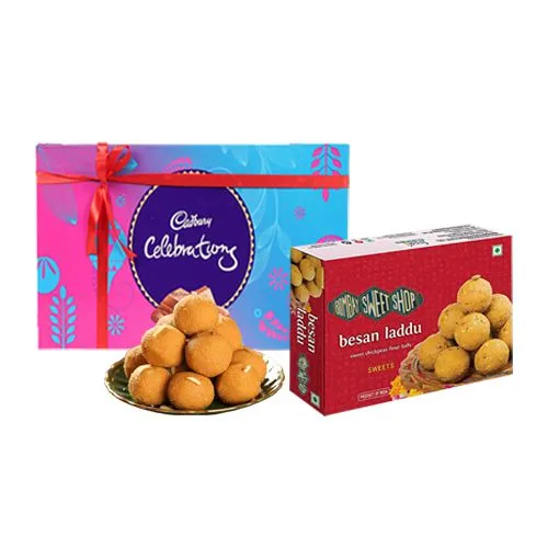 Ferrero Rocker Besan Laddu from Bombay Sweet Shop with Cadbury Celebration
