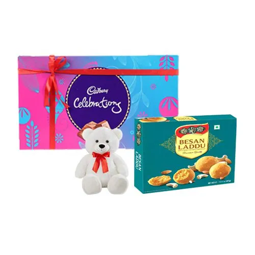 Ferrero Rocker Besan Laddu from Bombay Sweet Shop with Teddy  N  Cadbury Celebration