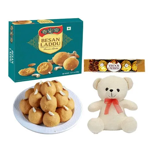 Ferrero Rocker Besan Laddu Box from Bombay Sweet Shop with Teddy  N  Ferrero Rocher
