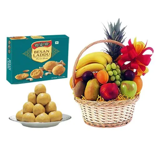 Ferrero Rocker Besan Laddu Box from Bombay Sweet Shop with Fresh Fruit Basket