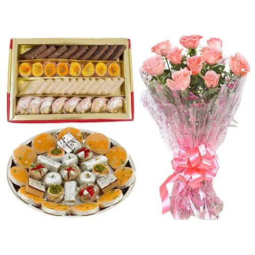 Assorted Sweets Box from Bombay Sweet Shop with Pink Rose Bouquet