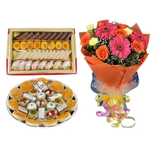Assorted Sweets Box from Bombay Sweet Shop with Seasonal Flower Bouquet