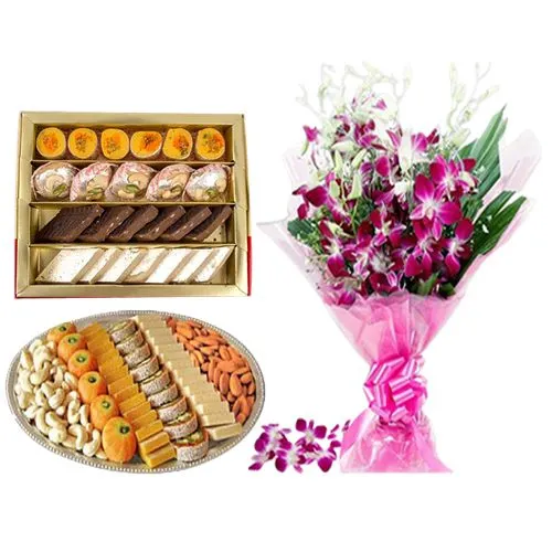 Assorted Sweets Box from Bombay Sweet Shop with Orchid Bouquet
