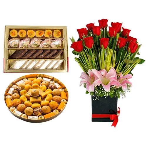 Assorted Sweets Box from Bombay Sweet Shop with a Designer Flower Arrangement