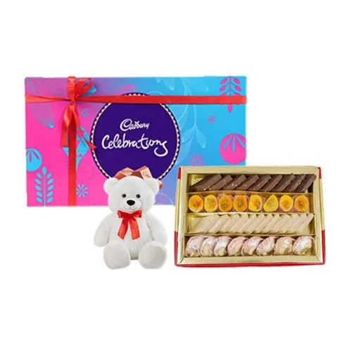 Assorted Sweets from Bombay Sweet Shop with Teddy  N  Cadbury Celebration