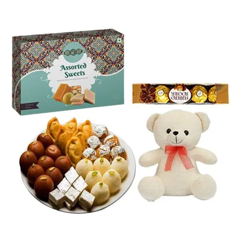 Assorted Sweets Box from Bombay Sweet Shop with Teddy  N  Ferrero Rocher