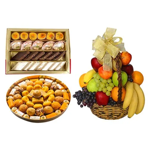 Assorted Sweets Box from Bombay Sweet Shop with Fresh Fruit Basket