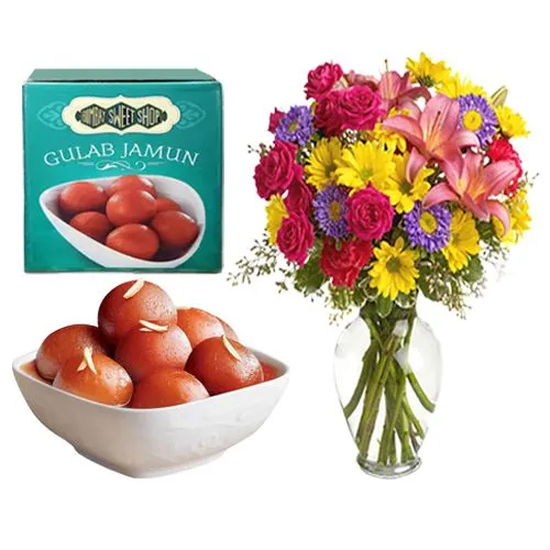 Gulab Jamun from Bombay Sweet Shop with Mixed Flower Arrangement
