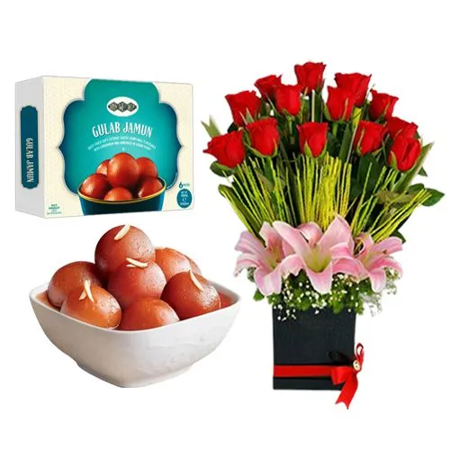 Gulab Jamun from Bombay Sweet Shop with a Designer Flower Arrangement