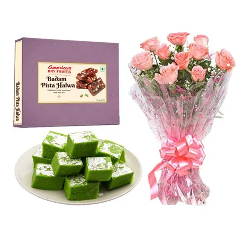 Badam Pista Halwa from American Dry Fruits with Pink Rose Bouquet