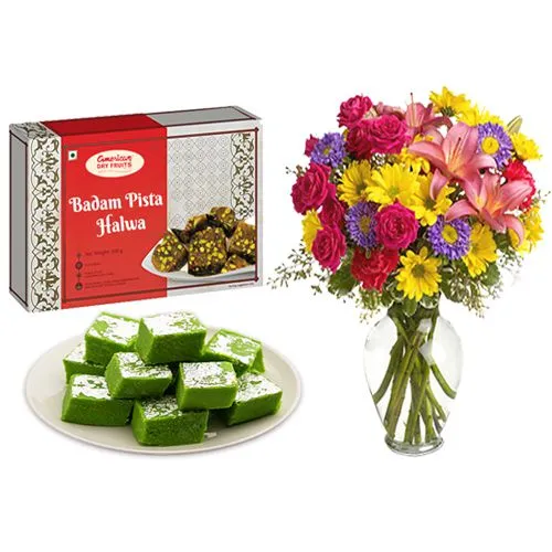Badam Pista Halwa from American Dry Fruits with Mixed Flower Arrangement