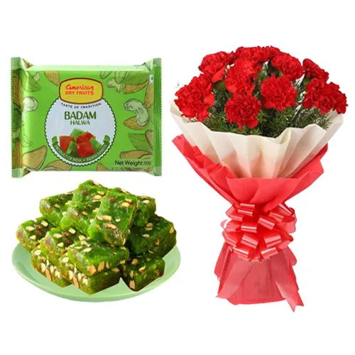 Badam Pista Halwa from American Dry Fruits with Red Carnation Bouquet