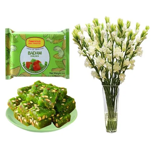 Badam Pista Halwa from American Dry Fruits with Rajnigandha Stems
