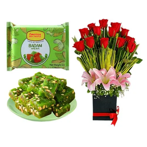 Badam Pista Halwa from American Dry Fruits with Designer Flower Arrangement