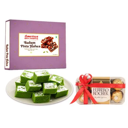 Badam Pista Halwa from American Dry Fruits with Ferrero Rocher