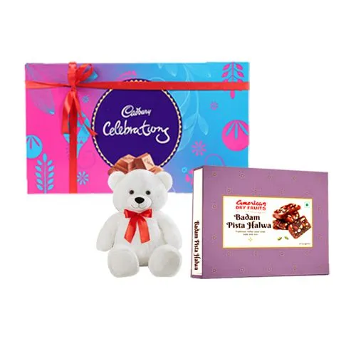 Badam Pista Halwa from American Dry Fruits with Teddy N Cadbury Celebration