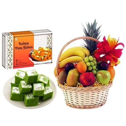 Badam Pista Halwa from American Dry Fruits with Fresh Fruit Basket