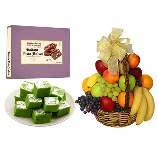 Badam Pista Halwa from American Dry Fruits with Fresh Fruit Basket