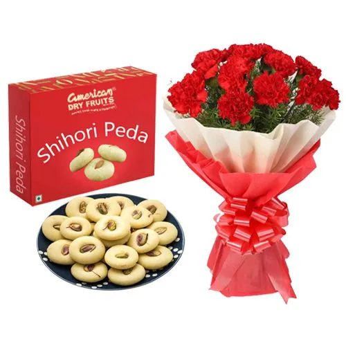 Shihori Peda from American Dry Fruits with Red Carnation Bouquet