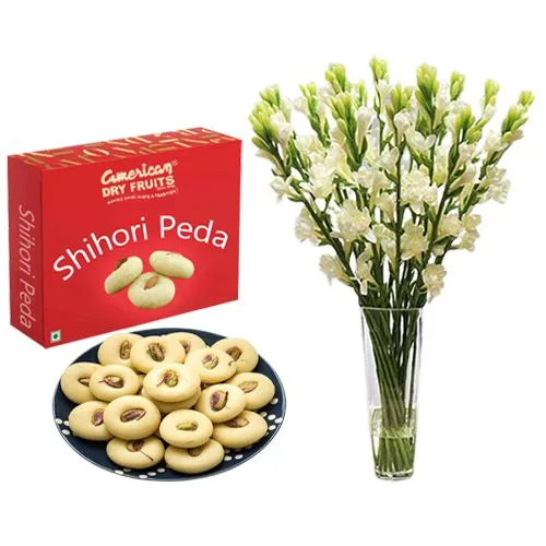 Shihori Peda from American Dry Fruits with Rajnigandha Stems