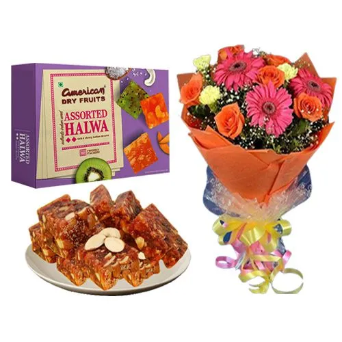 Sugarfree Dry Fruit Halwa from American Dry Fruits with Seasonal Flower Bouquet